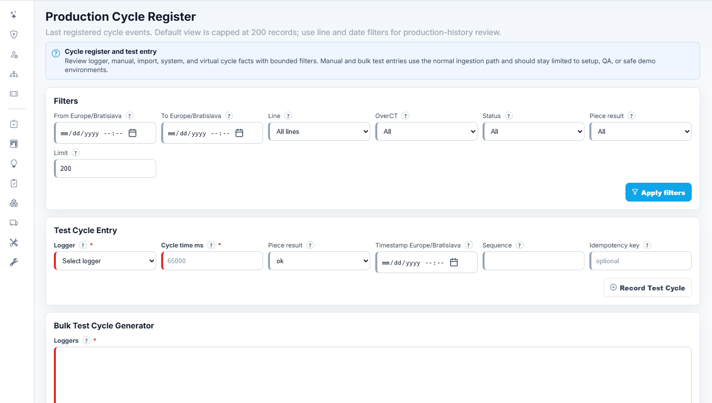 Tact-Guard Production Cycle Register demo screen