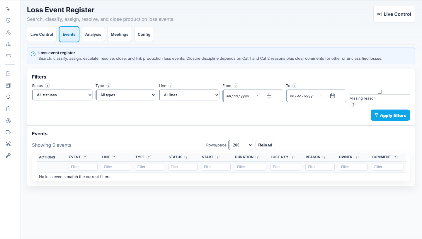 Tact-Guard Loss Event Register demo screen